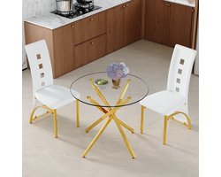 MIVRAY Eethoekset 88 cm - Ronde Eettafel Met 2 Stoelen Voor Kleine Ruimtes - Gehard Glas PU-Leer Metaal - Wit Goud