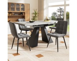 MIVRAY Eetkamermeubelset 5-Delig 99-159x74x77 Cm - Uitschuifbare Eettafel Met 4 Stoelen - MDF Metaal - Grijs