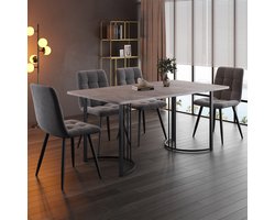 MIVRAY Eetkamerset - Eettafel Met Marmerpatroon En 4 Fluwelen Stoelen - Voor Keuken En Eetkamer - MDF Grijs - 140x80x75 Cm