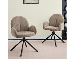 MIVRAY Eetkamerstoel Kuipstoel 2 Stuks - Draaibaar Met Armleuningen - Chenille Bekleding - Voor Eetkamer, Woonkamer En Werkkamer - Metaal Zwart En Taupe