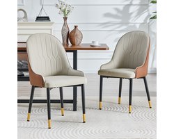 MIVRAY Eetkamerstoel Set van 2 - PU Leer - Warm Grijs En Bruin - Met Armleuningen En Metalen Frame - Voor Keuken En Café - Volwassenen