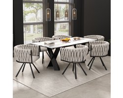MIVRAY Eetkamerstoel Set Van 6 Draaibare Linnen Stoel Met Armleuningen En Metalen Kruispoot Voor Eetkamer En Woonkamer Beige En Zwart