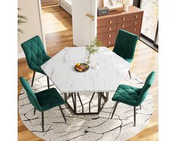 MIVRAY Eettafel En Stoelenset - Zeshoekige Tafel Met Marmerlook En 4 Fluwelen Stoelen - Voor Eetkamer En Keuken - MDF Staal Groen