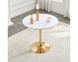 MIVRAY Eettafel - Ronde Tafel In Tulpendesign Met Metalen Onderstel - Voor Keuken En Woonkamer - Hout En Metaal - 80x80x76 Cm - Wit