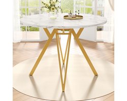 MIVRAY Eettafel - Ronde Tafel Met Marmerlook - Voor Eetkamer En Woonkamer - MDF En Metaal - 100x100x76 Cm - Goud