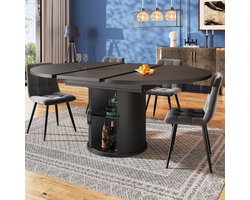 MIVRAY Eettafel - Uitschuifbaar Rond Naar Ovaal Met Opbergruimte - Voor Keuken En Eetkamer - MDF Zwart - 118-158x118x76,8 Cm