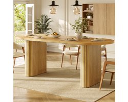 MIVRAY Eettafel - Uitschuifbare Ovale Tafel Met Verticale Structuur - Voor Eetkamer En Gezellige Etentjes - MDF En Metaal - 120-160x80x75,5 Cm - Houtkleur