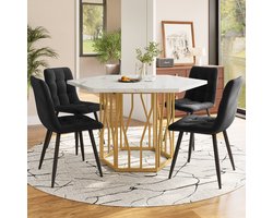 MIVRAY Eettafel - Zeshoekig Tafelblad Met Marmerlook - Voor Eetkamer Of Werkplek - MDF En Staal - 115,5x100x75 Cm - Zwart Goud
