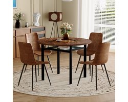 MIVRAY Eettafelset 100 cm - Ronde Tafel met Opbergplank en 4 Stoelen - Voor Eetkamer en Woonkamer - Stof Glas Metaal Bruin Zwart