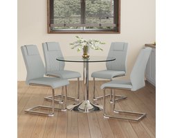 MIVRAY Eettafelset 85 cm - Ronde Glazen Eettafel Met 4 Eetkamerstoelen - Voor Eetkamer En Keuken - Metaal Kunstleer