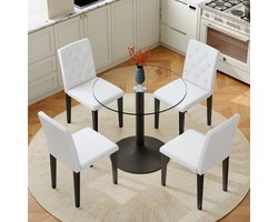 MIVRAY Eettafelset 85 cm - Ronde Glazen Tafel met 4 Eetkamerstoelen - Voor Eethoek en Koffiebar - Metaal PU-Leer