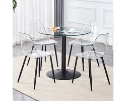 MIVRAY Eettafelset 85 cm - Ronde Glazen Tafel Met 4 Eetkamerstoelen - Voor Eetkamer En Keuken - Glas Metaal Zwart Transparant