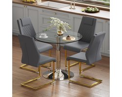 MIVRAY Eettafelset 85 Cm - Ronde Glazen Tafel Met 4 Eetkamerstoelen - Voor Eetkamer En Keuken - Metaal Donkergrijs
