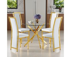 MIVRAY Eettafelset 88 Cm - Ronde Eettafel Met 4 Stoelen - Voor Eethoek En Appartement - Glas Metaal En Kunstleer - Wit Goud