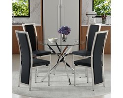 MIVRAY Eettafelset 88 cm - Ronde Eettafel Met 4 Stoelen - Voor Eetkamer En Keuken - Glas Metaal PU-Leer - Zwart Zilver