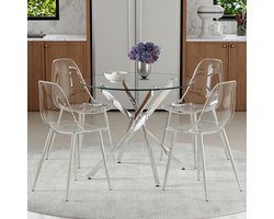 MIVRAY Eettafelset 88 cm - Ronde Tafel met 4 Stoelen - Voor Eethoek en Keuken - Glas Metaal Kunststof - Zilver Transparant