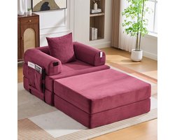 MIVRAY Fauteuil 112 x 190 x 67 cm - Ergonomisch Met Hocker En Zijvak - Voor Woonkamer En Slaapkamer - Cord Wijnrood