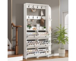 MIVRAY Garderobekast - 3 In 1 Met Schoenkast En 8 Haken - Voor Hal En Entree - Spaanplaat Wit - 120 X 24 X 200 Cm