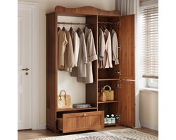 MIVRAY Garderobekast - Met Spiegel En Open Kledingroede - Voor Slaapkamer En Hal - MDF In Walnootkleur - 115,5x38,5x194,5 Cm