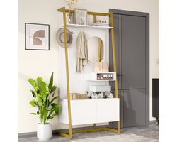 MIVRAY Garderobekast - Open Halmeubel Met Spiegel En Haken - Opbergen Voor Hal En Gang - MDF En Metaal - Wit - 78x38,5x180,5 Cm