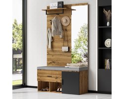 MIVRAY Garderobeset - Eiken Halmeubel Met Spiegel, Schoenbank, Lade, Plank, Haken En Kledingstang - Voor Hal En Entree - Spaanplaat - 104x39x190 Cm