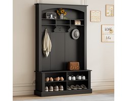 MIVRAY Garderobeset - Kapstok Met Schoenenbank En Opbergrek - Verstelbare Planken En Open Vakken Voor Hal En Entree - Zwart - 190x120x40 Cm