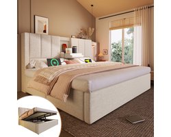 MIVRAY Gestoffeerd Bed 140x200 Cm - Hoofdbord Met Bekerhouders En Oplaadstation - Hydraulische Opbergruimte - Linnen - Beige - Zonder Matras