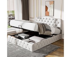 MIVRAY Gestoffeerd Bed 140x200 Cm - Hydraulische Opbergruimte En Verstelbaar Hoofdbord - Synthetisch Leer - Wit - Zonder Matras