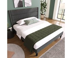 MIVRAY Gestoffeerd Bed 140x200cm - Bedframe Met Lattenbodem En Uniek Hoofdbord - Extra Opbergruimte Onder Bed - Linnen - Donkergrijs - Zonder matras