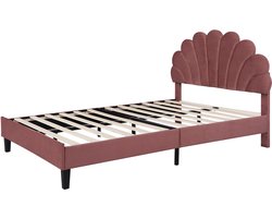 MIVRAY Gestoffeerd Bed 140x200cm - Tweepersoonsbed Met Bloemvormig Hoofdbord En Lattenbodem - Slaapkamer - Fluweel - Bonenrood - Zonder matras