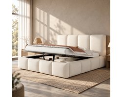 MIVRAY Gestoffeerd Bed 160x200 cm - Hydraulische Opbergruimte Met Lattenbodem - Zonder Matras Voor Slaapkamer - Bouclé Stof - Wit