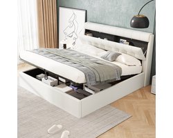 MIVRAY Gestoffeerd Bed 160x200cm - Hydraulische Opbergruimte Met Verborgen Hoofdbordvak - Voor Slaapkamer - PU - Wit - Zonder Matras