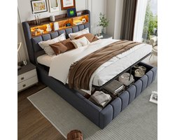 MIVRAY Gestoffeerd Bed 180x200 Cm - Led Verlichting Met Kleurwisseling En Usb En Type C - Met Hydraulische Opbergruimte - Linnen - Grijs - Zonder Matras