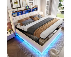 MIVRAY Gestoffeerd Bed 180x200 Cm - Met Led Verlichting En Usb Oplaadpoort - Met Hydraulische Opbergruimte - Linnen - Beige - Zonder Matras