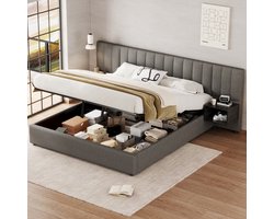 MIVRAY Gestoffeerd Bed 180x200 cm - Opbergbed Met Hydraulische Lift En 2 Nachtkastjes Met Opbergruimte - Lattenbodem - Linnen - Grijs Zwart