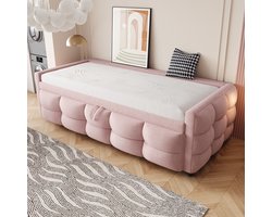 MIVRAY Gestoffeerd Bed 90 180x190cm - Uitschuifbaar Slaapbed Voor Gasten - Met Lattenbodem - Teddy Stof - Roze - Zonder Matras