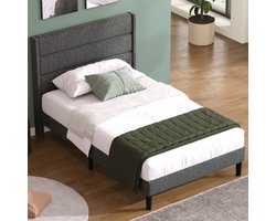 MIVRAY Gestoffeerd Bed 90x200 Cm - Bedframe Met Lattenbodem En Uniek Hoofdbord - Extra Opbergruimte Onder Bed - Linnen - Donkergrijs - Zonder matras