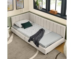 MIVRAY Gestoffeerd Bed 90x200 cm - Eenpersoonsbed Met Hoge Rugleuning Zonder Matras - Huidvriendelijke Fluwelen Bekleding - Eucalyptus Hout Met Metalen Frame - Beige
