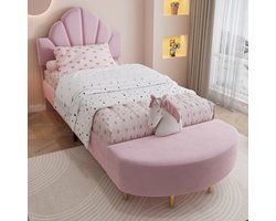 MIVRAY Gestoffeerd Bed 90x200 Cm - Fluwelen Hoofdbord Met Bankje - Antibotsrand - Stabiel Frame - Fluweel - Roze - Zonder Matras