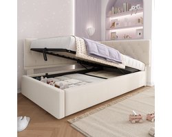 MIVRAY Gestoffeerd Bed 90x200 Cm - L Vormig Dagbed Met Hydraulische Opbergruimte - Voor Slaapkamer En Logeerkamer - Fluweel - Beige - Zonder Matras