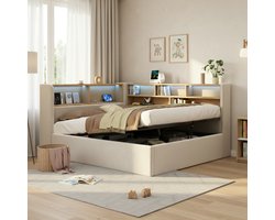 MIVRAY Gestoffeerd Daybed 140x190 Cm - Zonder Matras Met Hydraulische Opbergruimte En Led Licht - Met Usb En Type C - Fluweel - Beige