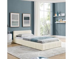 MIVRAY Gestoffeerd Eenpersoonsbed 90x200cm - Chenille Met Plooidesign - Voor Kinderkamer En Logeerkamer - Schuim - Beige - Zonder Matras