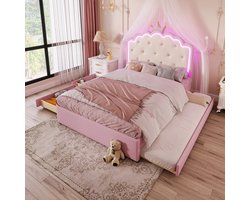 MIVRAY Gestoffeerd Kinderbed 140x200cm - Met Verstelbare Led Sfeerverlichting En Uitschuifbed - Met 2 Lades - Pu - Roze - Zonder Matras