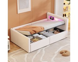 MIVRAY Gestoffeerd Kinderbed 90x200 Cm - Met Ledverlichting En Usb Oplaadpunt - Met Hydraulische Opbergruimte - Fluweel - Beige - Zonder Matras