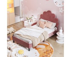 MIVRAY Gestoffeerd Kinderbed 90x200cm - Bedframe Met Bloemvormig Hoofdbord En Lattenbodem - Fluweel - Rood - Zonder Matras