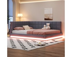 MIVRAY Gestoffeerd Slaapbank 160x200cm - Met Led Sfeerverlichting En Usb Aansluiting - Met Lattenbodem - Linnen - Grijs - Zonder matras