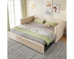 MIVRAY Gestoffeerd Slaapbankbed 90x190cm - Uittrekbaar Naar 180x190cm Zonder Matras - Met 2 Opberglades - Lattenbodem - Katoen Linnen - Beige
