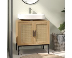 MIVRAY Halfhoge Kast - Badmeubel Met Rattanlook En 2 Planken - Voor Onder Wastafel In Badkamer - Hout Metaal Eikenkleur - 60x39x60 Cm