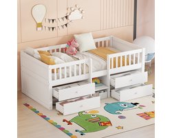 MIVRAY Halfhoog Bed 90x200cm - Kinderbed Met 4 Lades En Veiligheidshek - Met Ladder En Opbergruimte - Grenenhout En MDF - Wit - Zonder matras