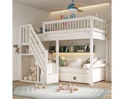 MIVRAY Halfhoog Bed 90x200cm - Opbergtrap Met Kastjes - Ruimte Onder Bed Voor Bureau Of Bank - Hout - Wit - Zonder Matras